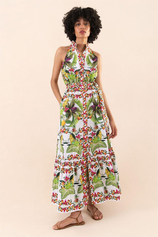 Botanical Halter Neck Button Sleeveless Maxi Dress