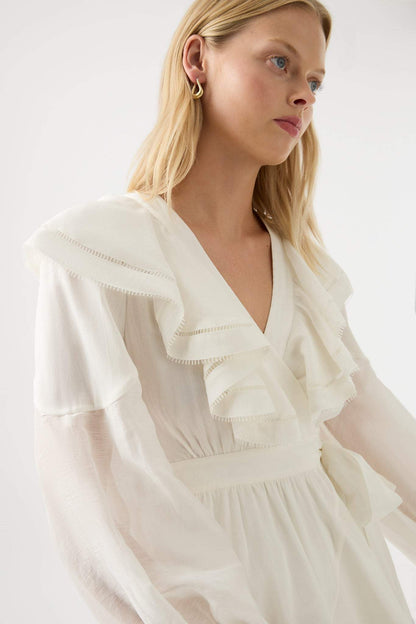 Long Sleeve V-neck Asymmetric Ruffle Hem Midi Dress