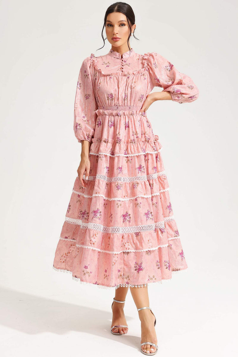 Lantern Sleeve Buckle Midi Dress Pink