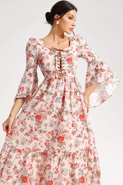 Square Collar Flared Sleeve Lace Midi Dress