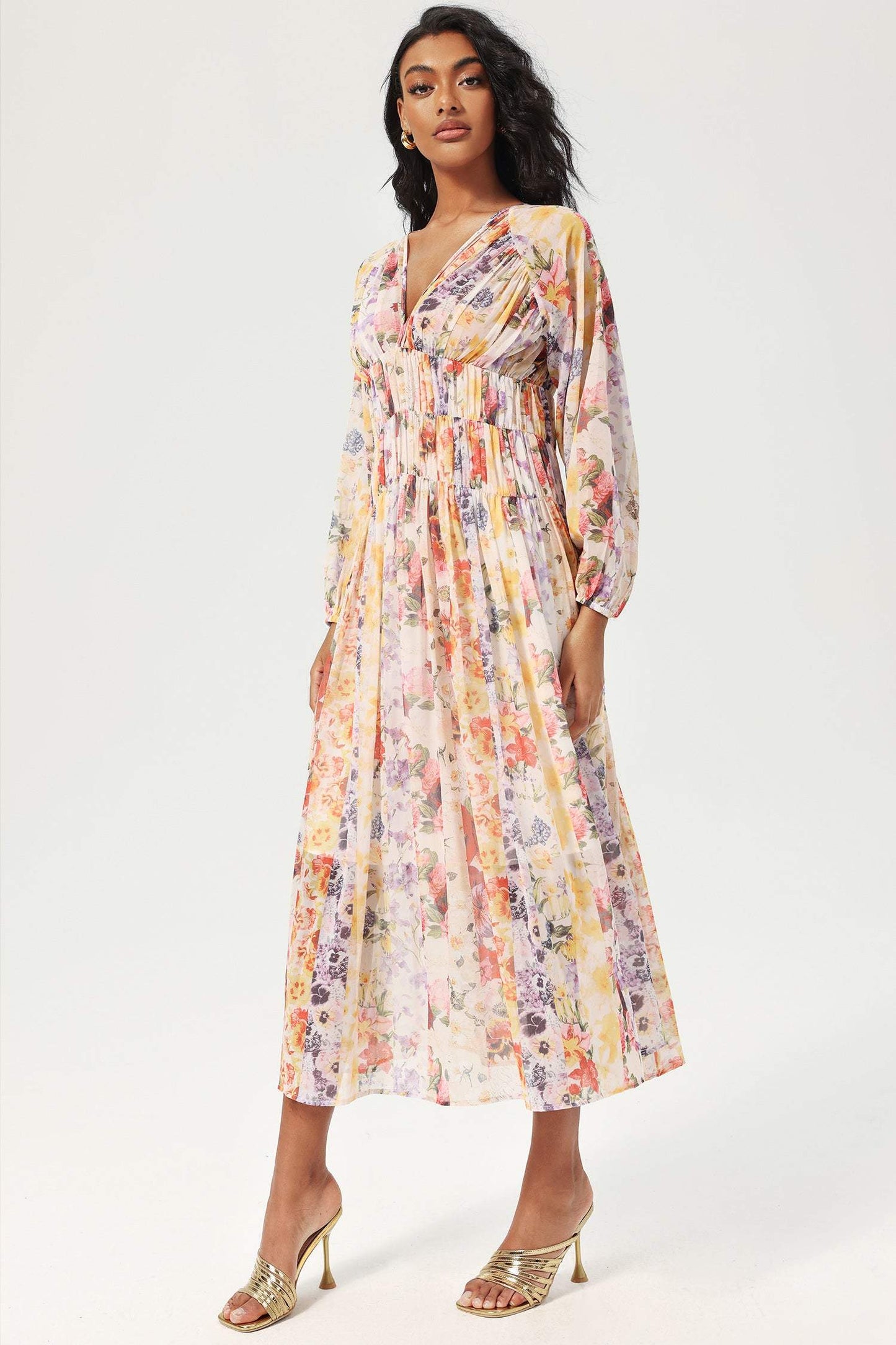 V-neck Lantern Sleeve Midi Dress