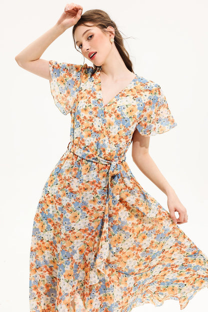 V-neck Short Sleeve Midi Dress Yellow
