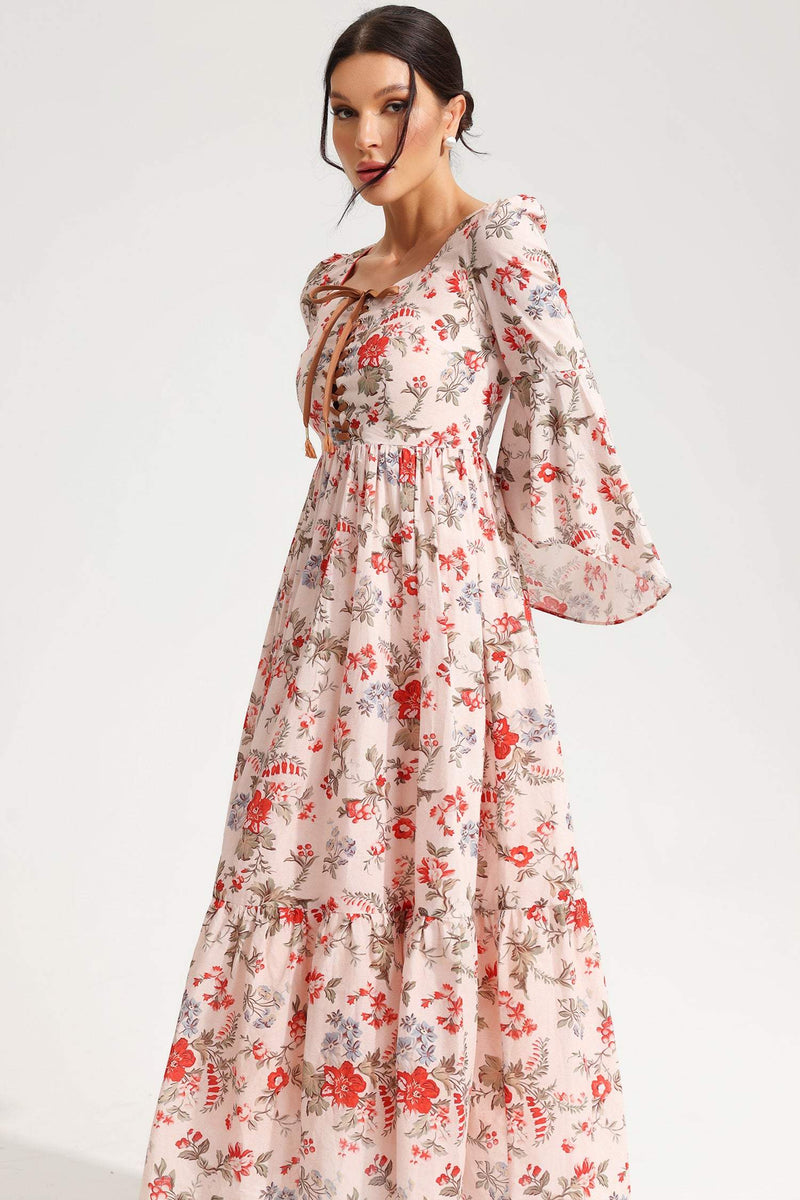 Square Collar Flared Sleeve Lace Midi Dress
