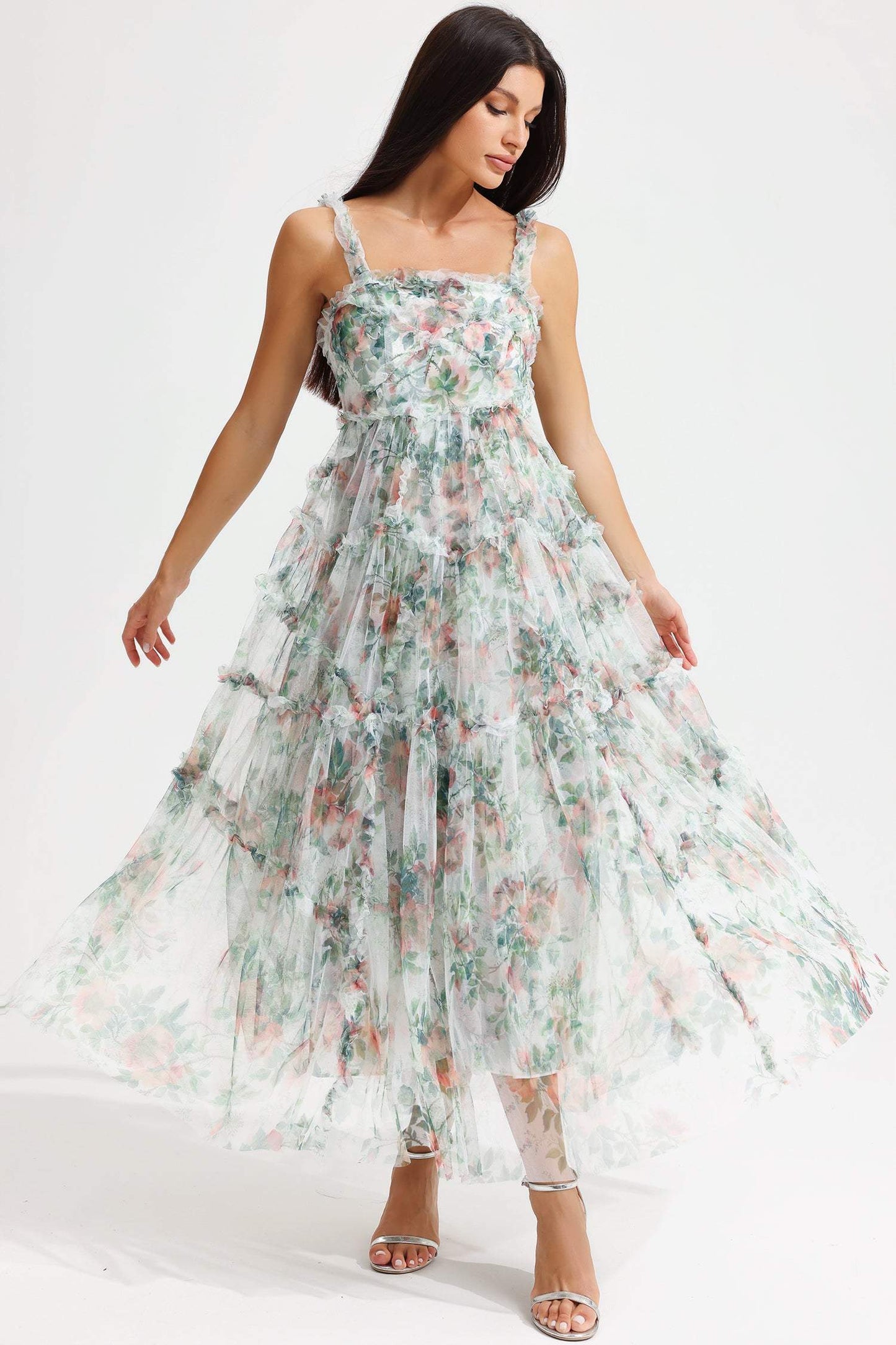 Cami Tapered Waist Frill Hem Midi Dress Green