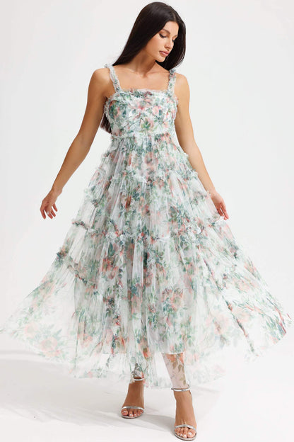 Cami Tapered Waist Frill Hem Midi Dress Green