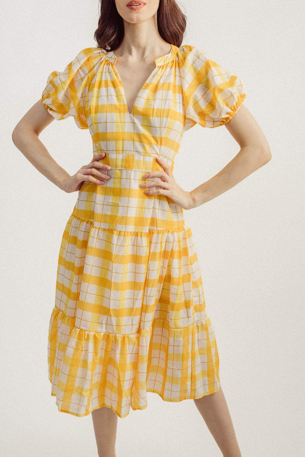 Lantern Sleeve V-neck Lattice Midi Dress