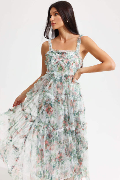 Cami Tapered Waist Frill Hem Midi Dress Green