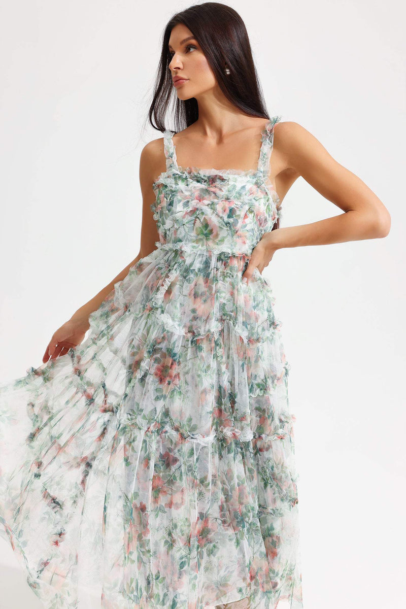 Cami Tapered Waist Frill Hem Midi Dress Green