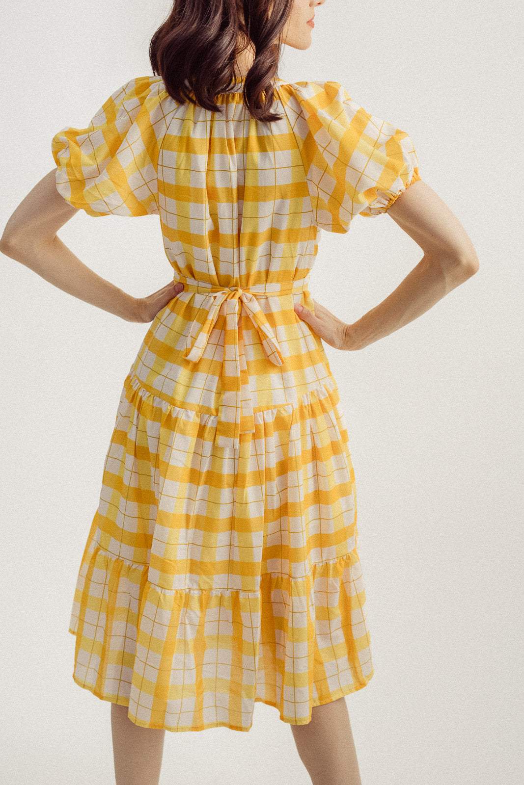 Lantern Sleeve V-neck Lattice Midi Dress