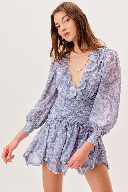 V-neck Long Sleeve Mini Dress