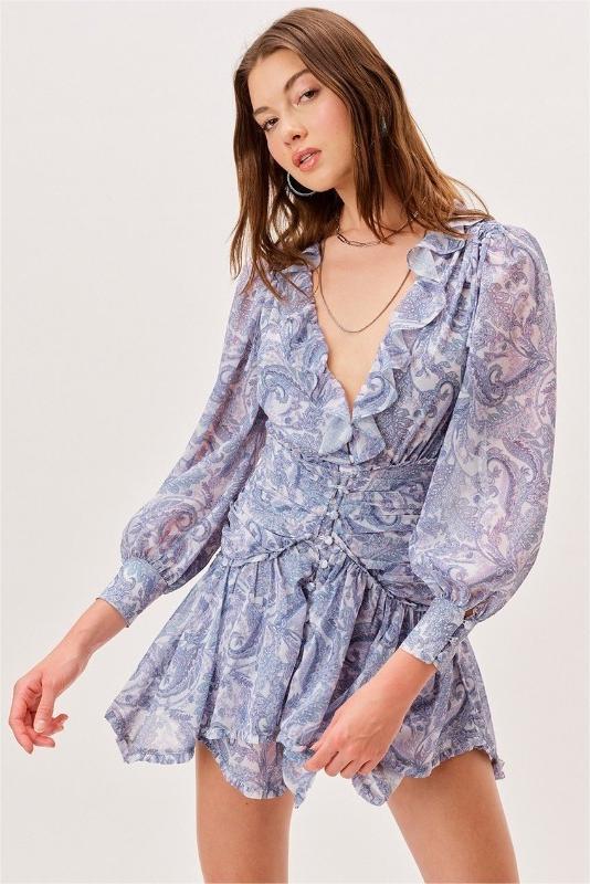 V-neck Long Sleeve Mini Dress