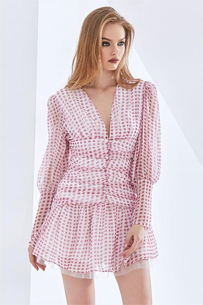 Checks V-neck Ruffle Lantern Sleeve Mini Dress