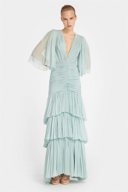 Mid Sleeve V-neck Layered Hem Maxi Dress