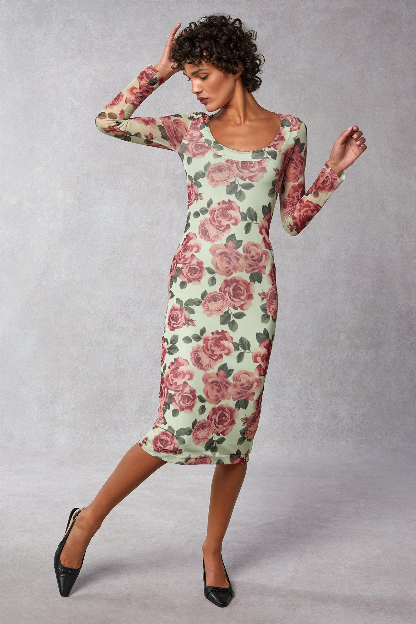 Round Neck Long Sleeve Midi Dress