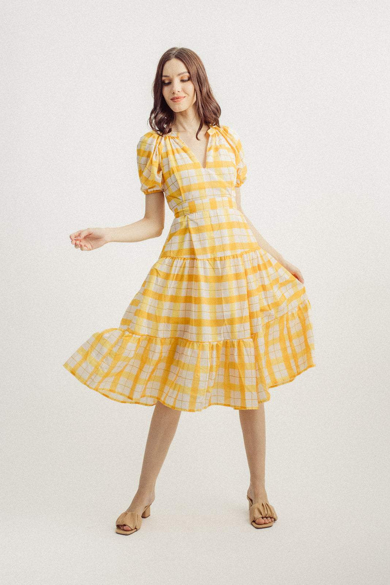 Lantern Sleeve V-neck Lattice Midi Dress