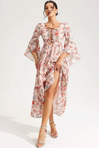 Square Collar Flared Sleeve Lace Midi Dress