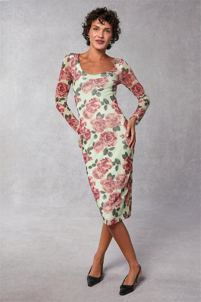 Round Neck Long Sleeve Midi Dress