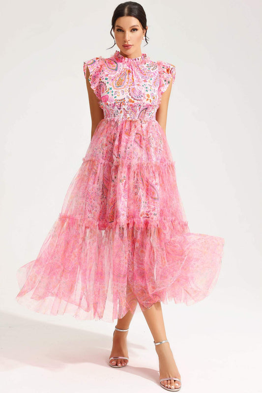 Flatter Sleeve Crew Collar Midi Dress Pink