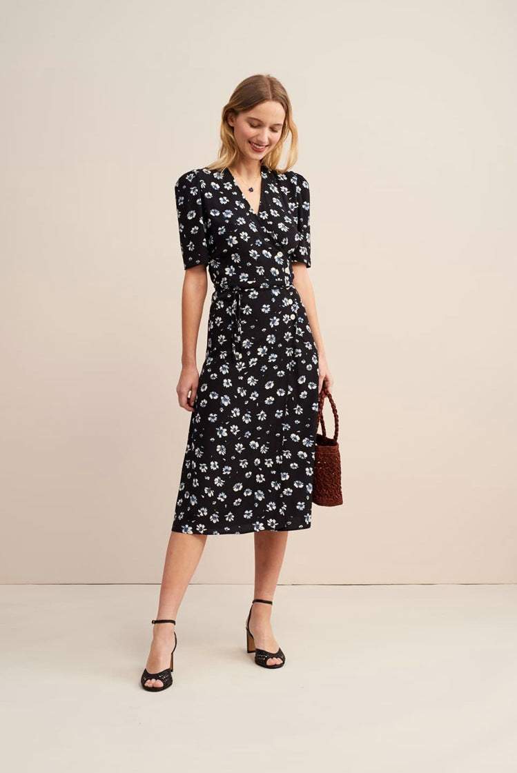 V-neck Mid Sleeve Midi Dress