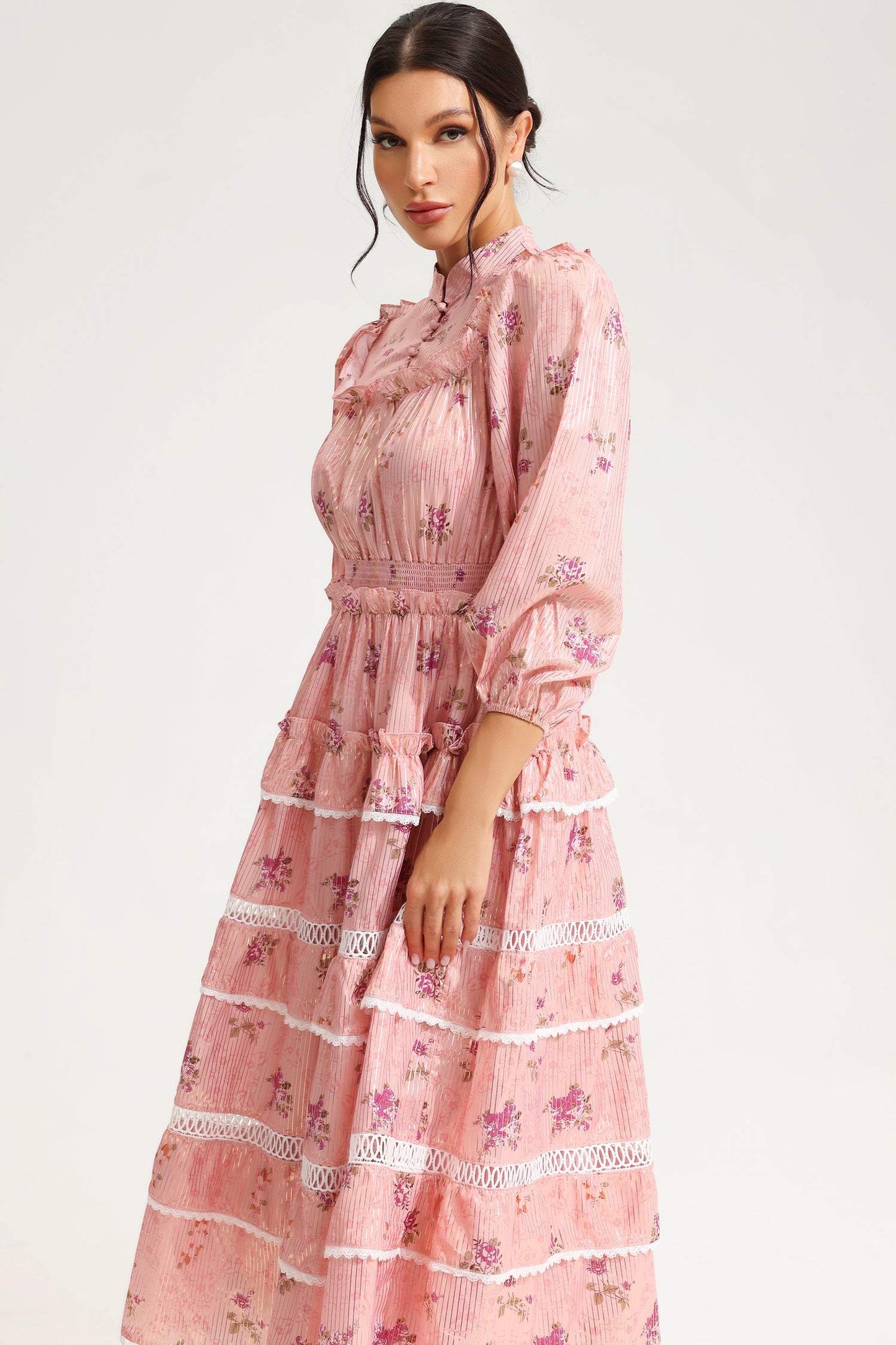 Lantern Sleeve Buckle Midi Dress Pink