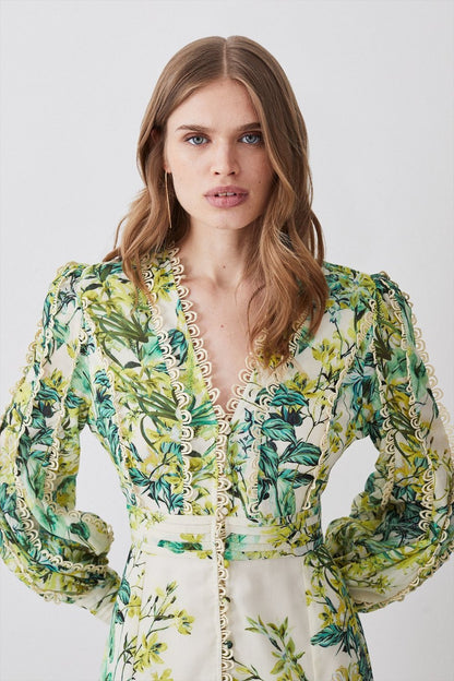 Printed Lantern Sleeve V-neck Buckle Waist Midi Dress