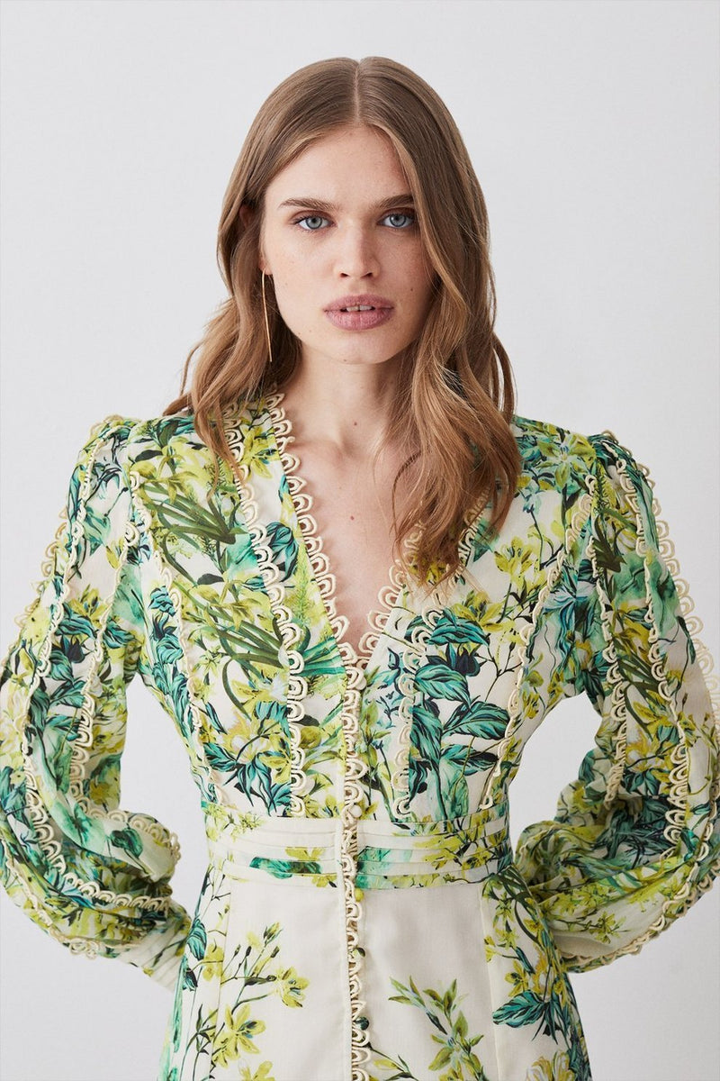 Printed Lantern Sleeve V-neck Buckle Waist Midi Dress