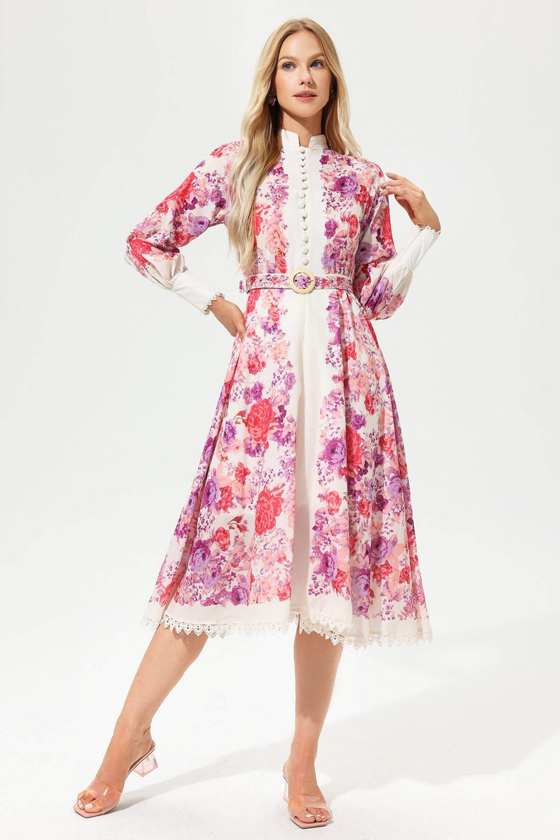 Long Sleeve Buttoned Belted Midi Dress Red