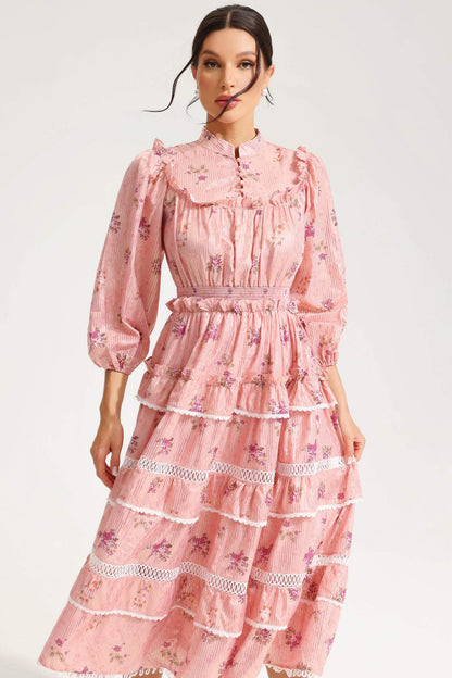 Lantern Sleeve Buckle Midi Dress Pink