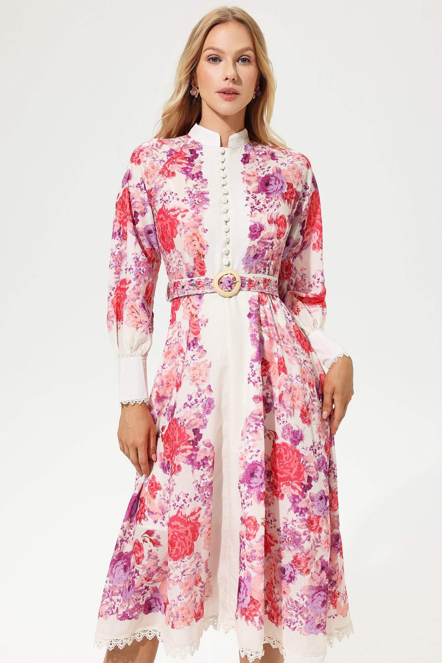 Long Sleeve Buttoned Belted Midi Dress Red