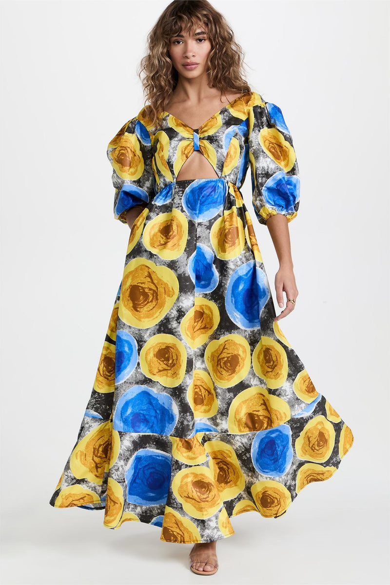 V-neck Puff Sleeve Cut-out Midi Dress