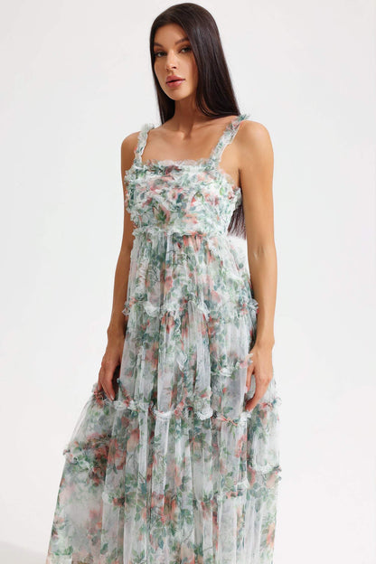 Cami Tapered Waist Frill Hem Midi Dress Green