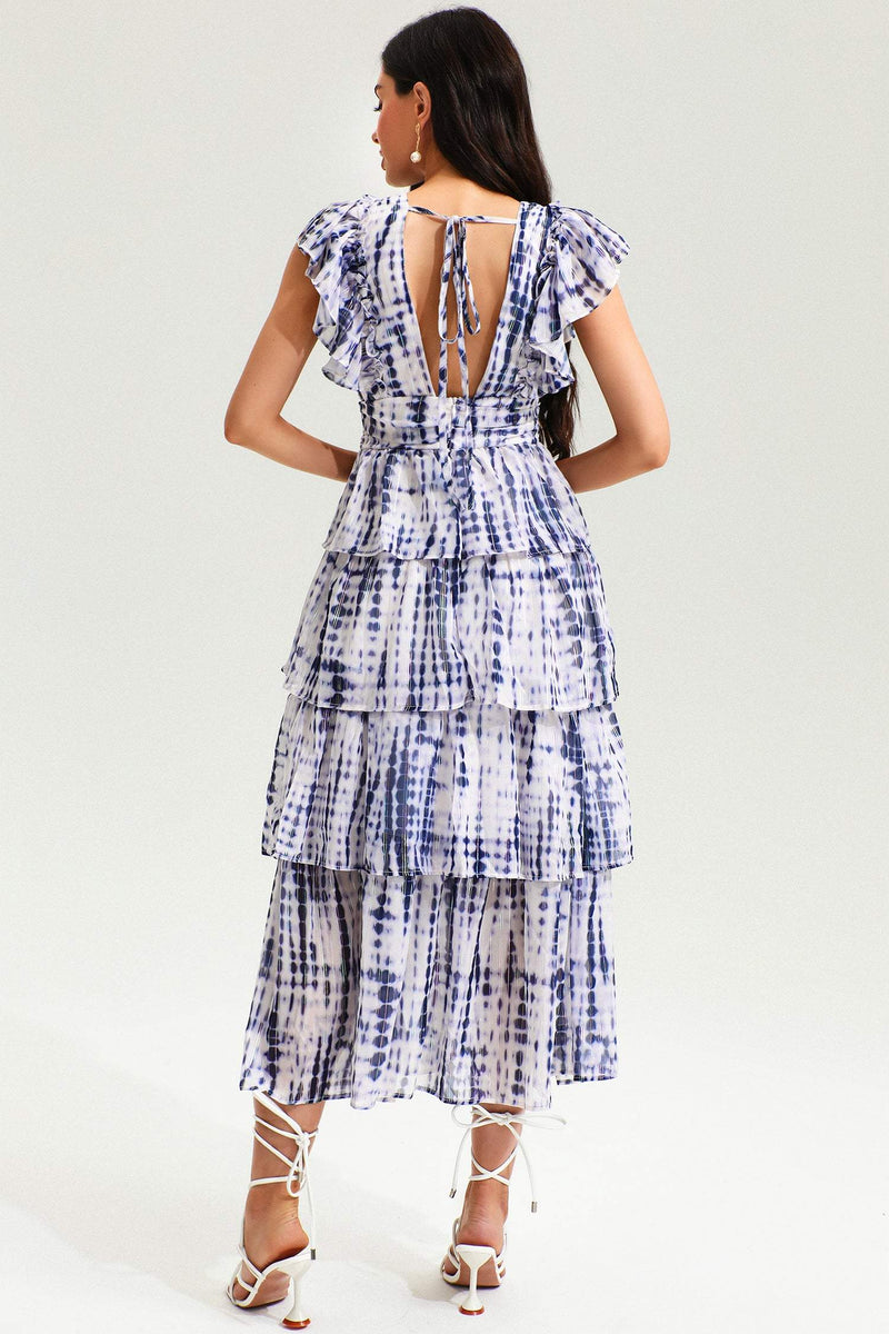 Abstract Print V-neck Sleeveless Backless Midi Dress