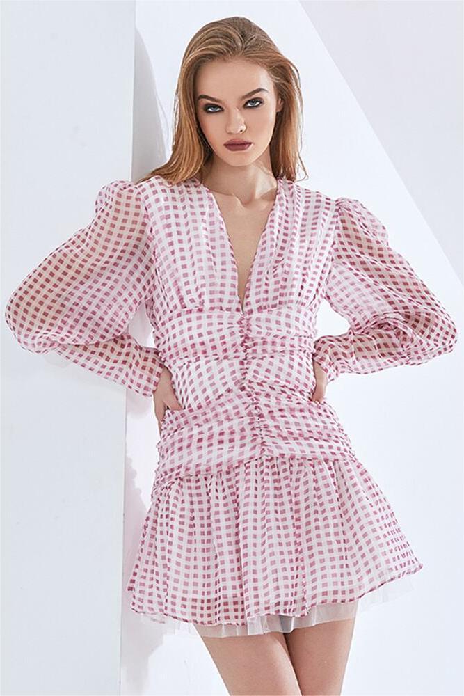 Checks V-neck Ruffle Lantern Sleeve Mini Dress