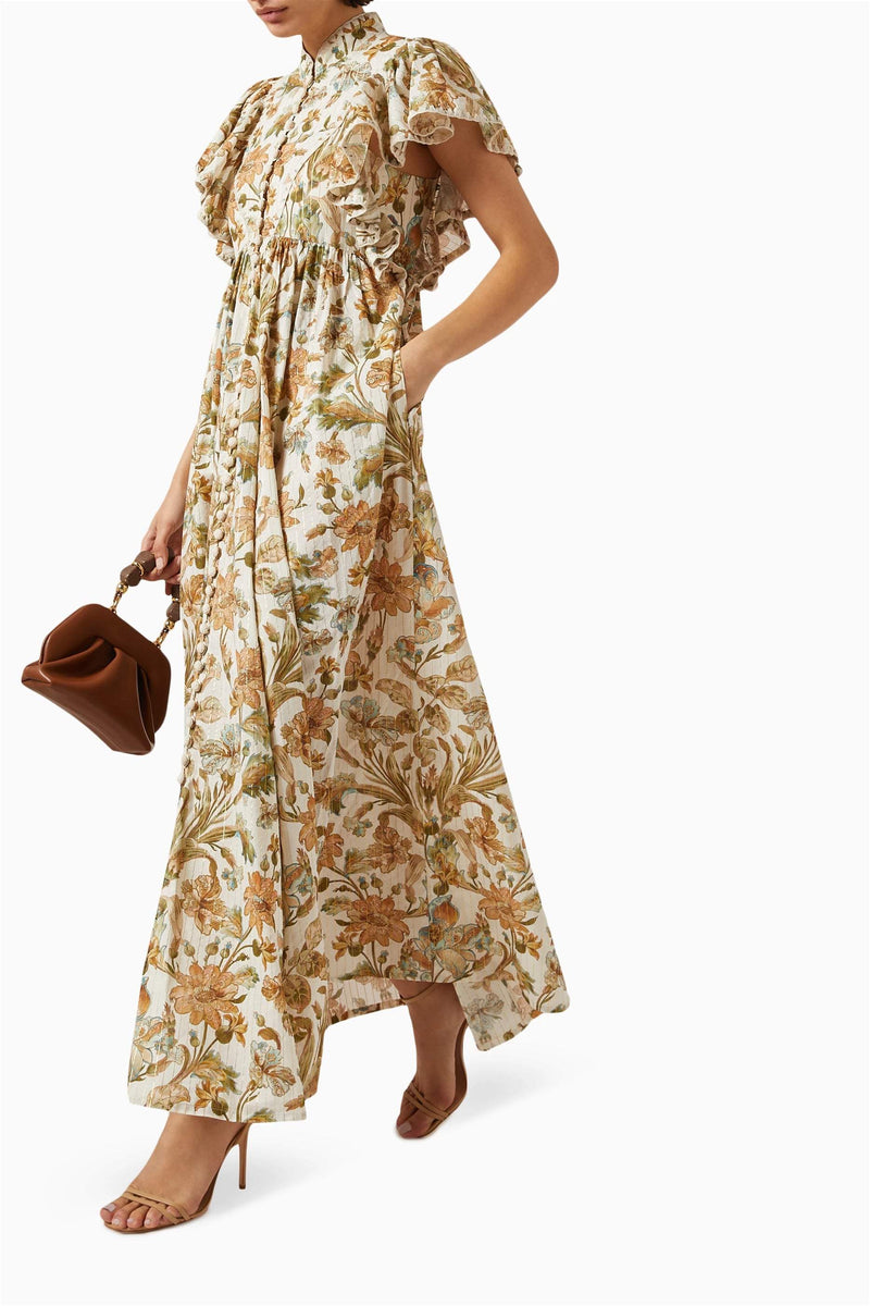 Flutter Sleeve Buttoned Maxi Dress