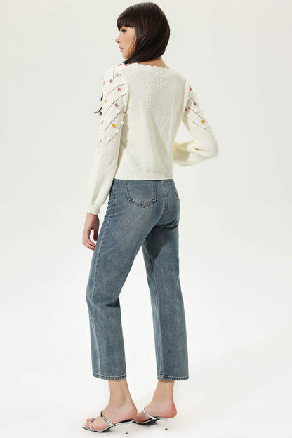 Long Sleeve Crew Collar Knit Cardigan Beige