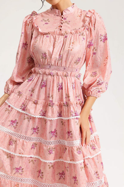 Lantern Sleeve Buckle Midi Dress Pink