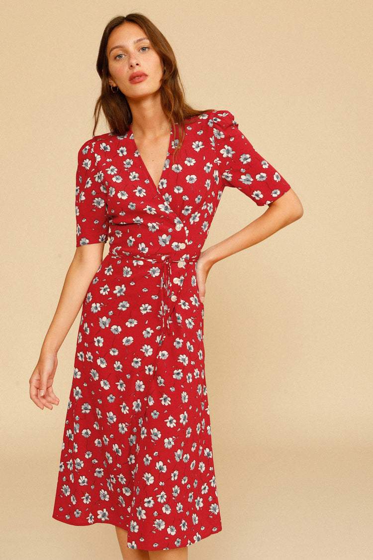 V-neck Mid Sleeve Midi Dress