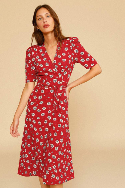 V-neck Mid Sleeve Midi Dress