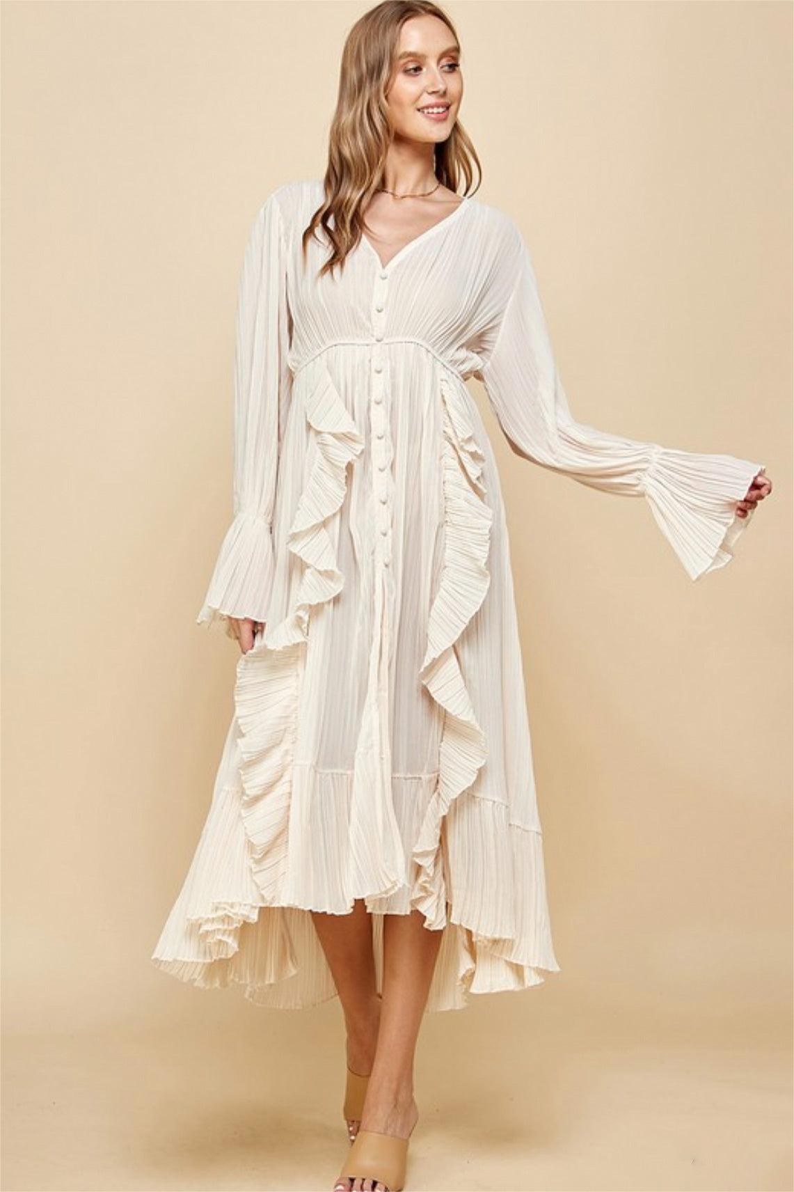 Ruched Single Breasted Ruffle Midi Dress