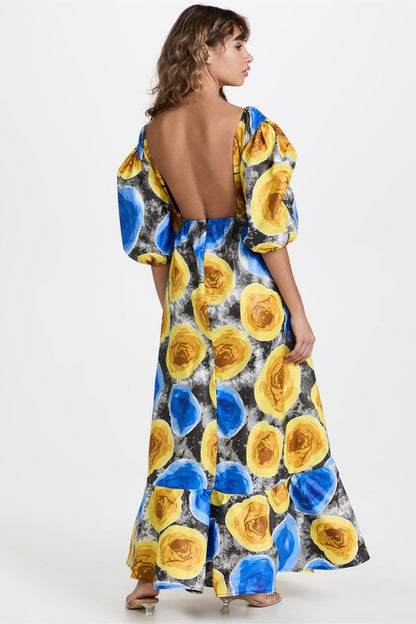 V-neck Puff Sleeve Cut-out Midi Dress