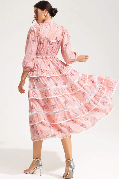 Lantern Sleeve Buckle Midi Dress Pink