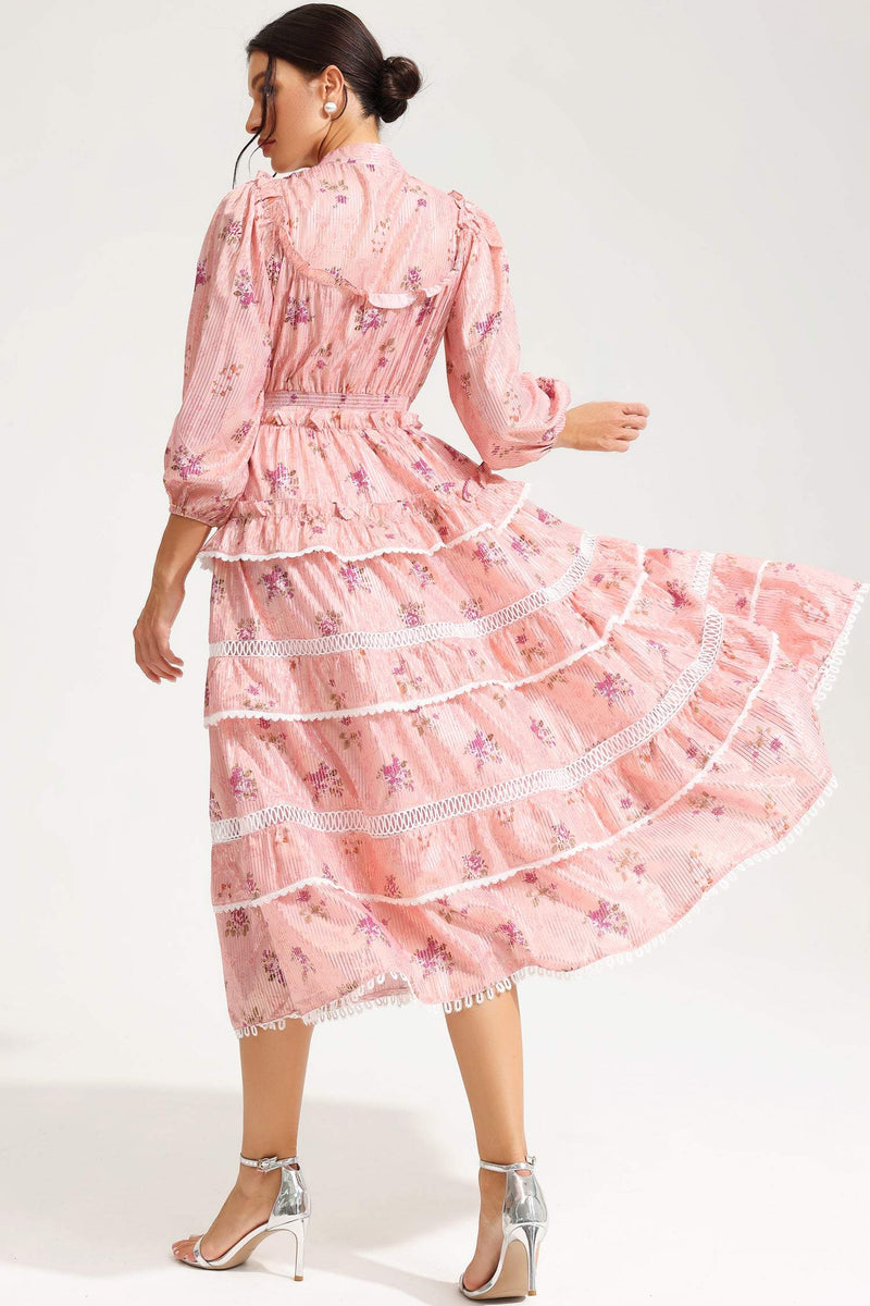 Lantern Sleeve Buckle Midi Dress Pink