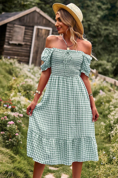 Plaid Square Collar Short Sleeve Midi Dress