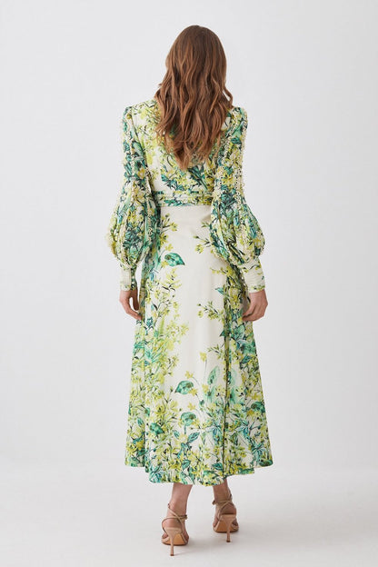 Printed Lantern Sleeve V-neck Buckle Waist Midi Dress