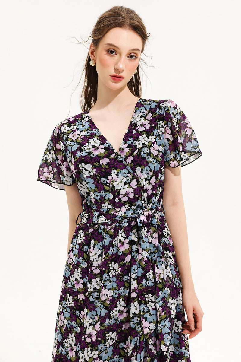 V-neck Short Sleeve Midi Dress Yellow