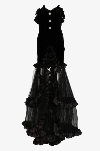 Mesh Knit Frill Strapless Split Maxi Dress
