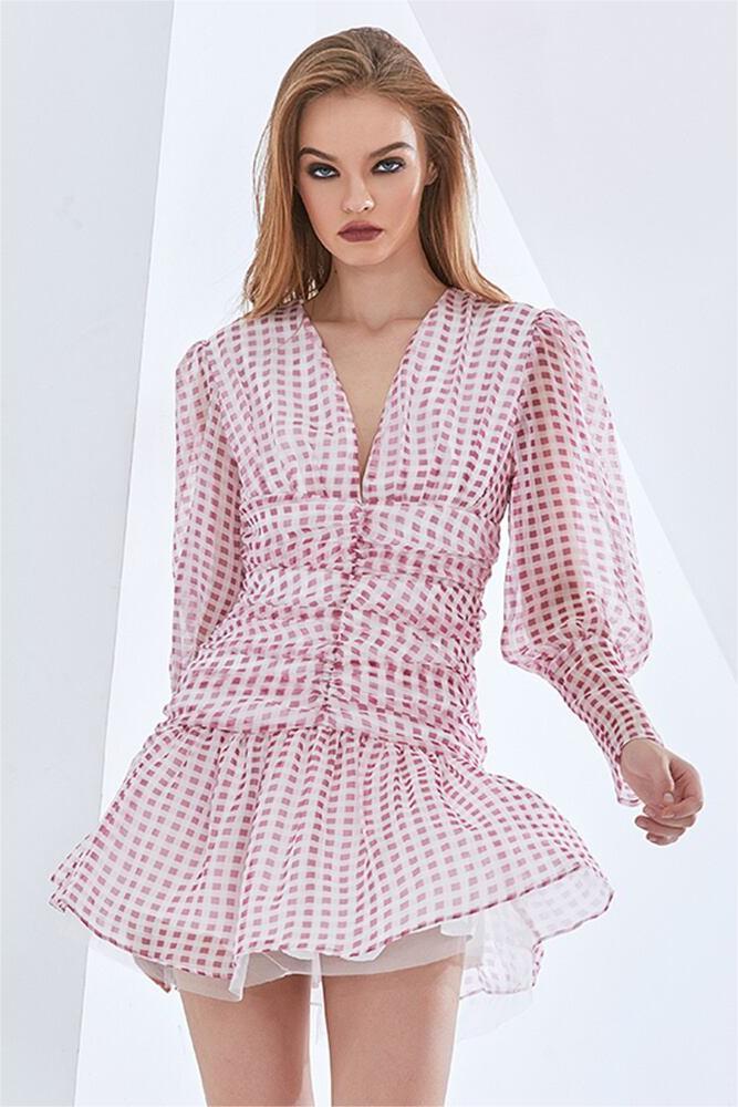 Checks V-neck Ruffle Lantern Sleeve Mini Dress