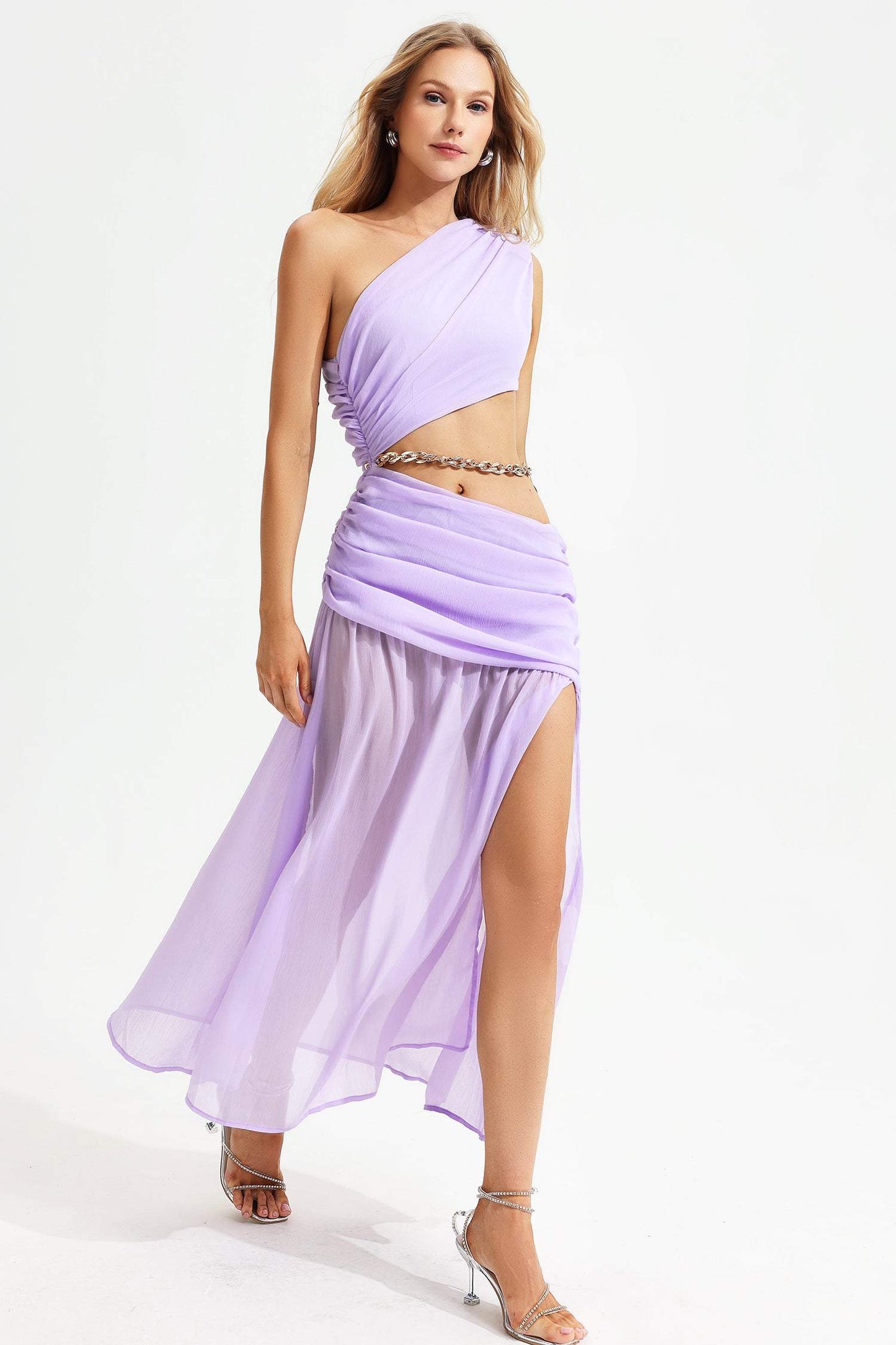 One-shoulder Sleeveless Slit Ruched Midi Dress
