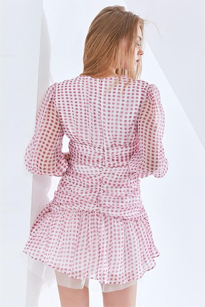 Checks V-neck Ruffle Lantern Sleeve Mini Dress