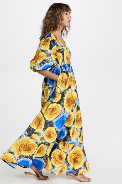 V-neck Puff Sleeve Cut-out Midi Dress